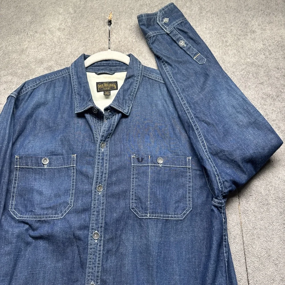 True Religion Men's Denim Button Up Shirt 3XL Blue Western Workwear Style